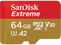 Карта памяти SanDisk Extreme microSDXC Class 10 UHS Class 3 V30 A2 160MB/s 64GB + SD adapter